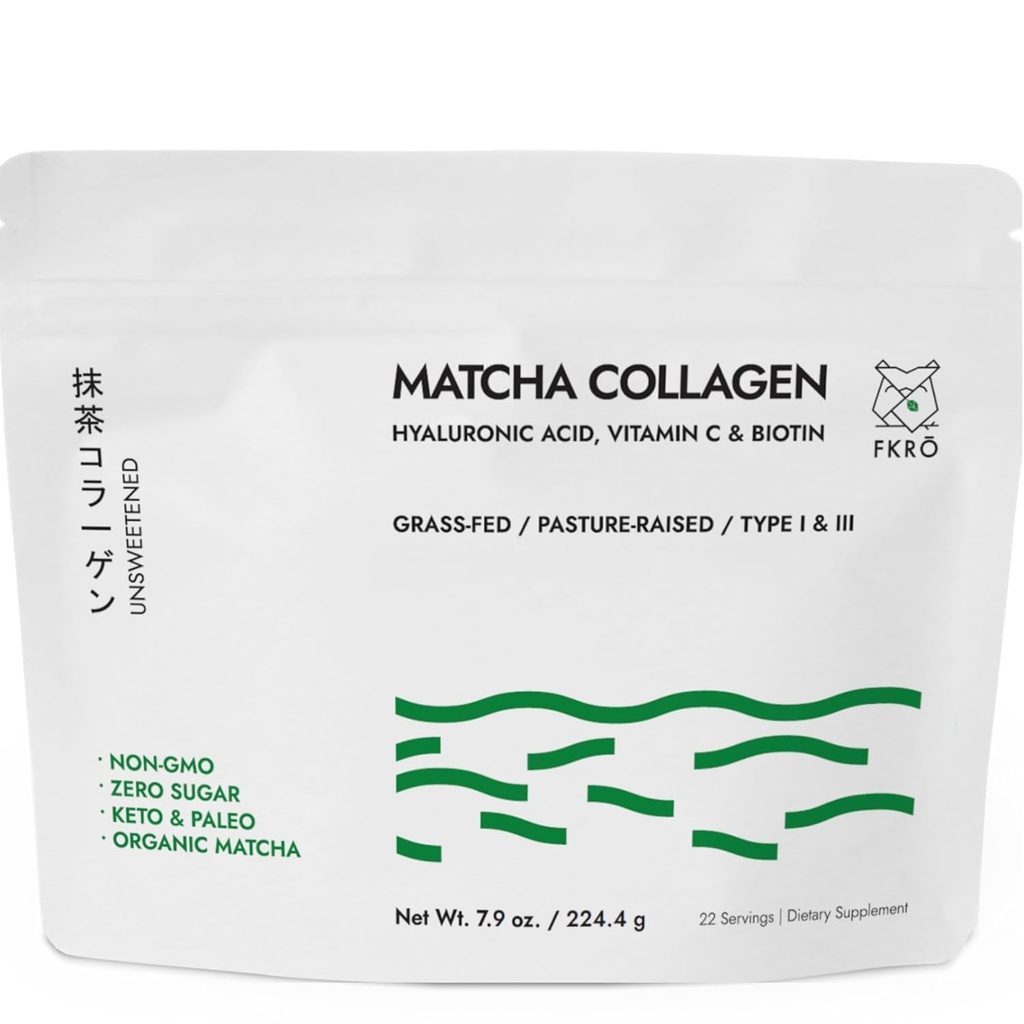 FKRO Matcha Collagen Powder w Biotin、Hyaluronic acid & Vitamin C - ヘルシーヘア、スキン&ネイル - ナチュラルタイプI&III Hydrolyzedコラーゲンパウダー、Unsweetened Matcha Latte - 22サービング、7.9oz