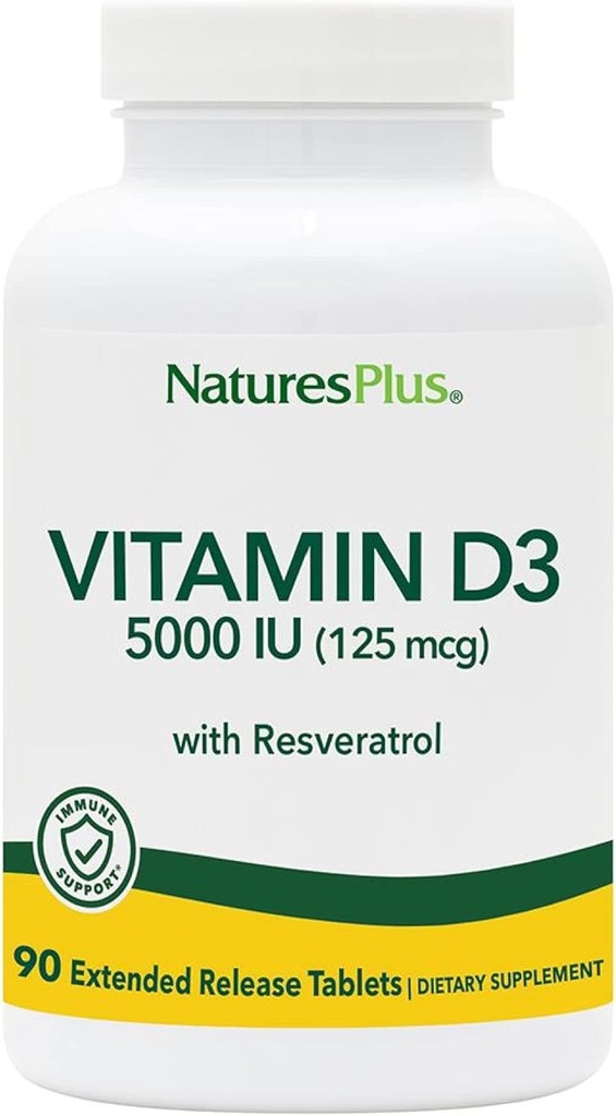 Natures PlusビタミンD3、拡張リリース - 90ビーガンタブレット - 5000 IU + 25 mg Trans-Resveratrol - ハート&骨の健康、免疫システムサポート、アンチエイジング - グルテンフリー - 90のサービング