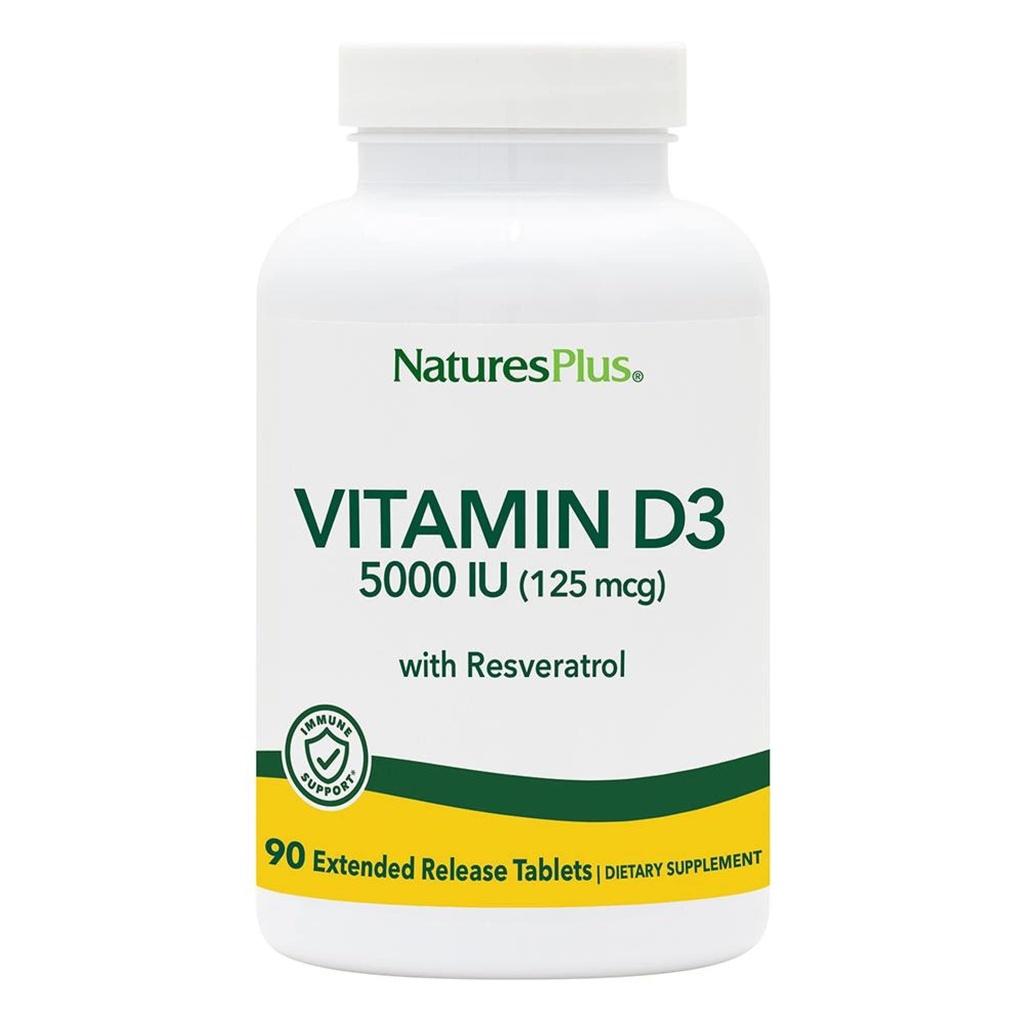 Natures PlusビタミンD3、拡張リリース - 90ビーガンタブレット - 5000 IU + 25 mg Trans-Resveratrol - ハート&骨の健康、免疫システムサポート、アンチエイジング - グルテンフリー - 90のサービング