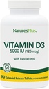 Natures PlusビタミンD3、拡張リリース - 90ビーガンタブレット - 5000 IU + 25 mg Trans-Resveratrol - ハート&骨の健康、免疫システムサポート、アンチエイジング - グルテンフリー - 90のサービング