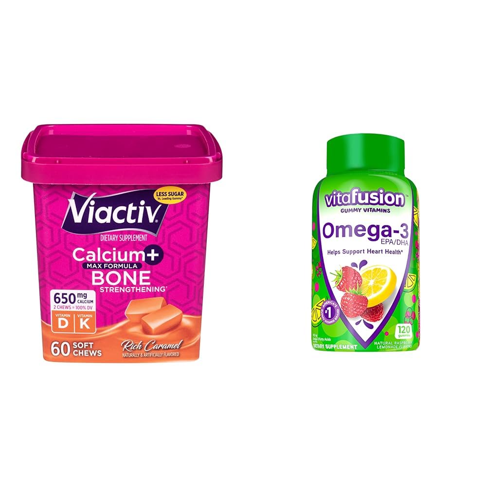 Viactiv Calciumの咀嚼及びVitafusion Omega-3のガミーのビタミンの束 - 骨の健康のための60のカルシウムChews +心の健康のための120のオメガ3のガミー