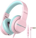iClever HS19は、学校のためのマイクとヘッドフォンをキッズ, セーフボリューム限定, オーバーイヤーガールズボーイズヘッドフォン共有ポート付きキッズ, iPad /トラベル用折り畳み式有線 (ピンク)
