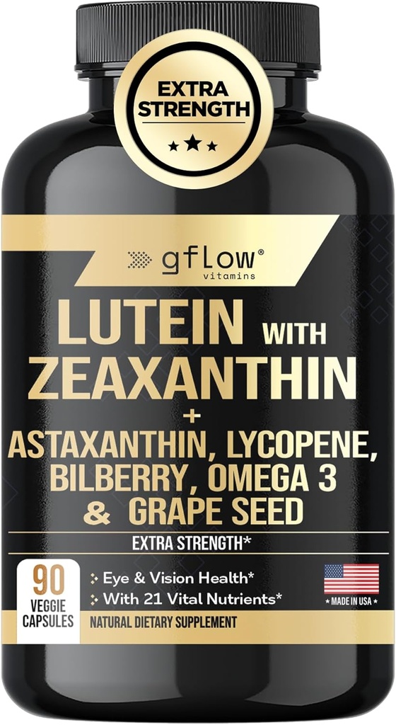 Lutein and Zeaxanthin Supplements - Advanced Eye Vitamins with Astaxanthin, Omega 3, Resveratrol, Bilberry, Lycopene, Quercetin, Ginkgo Biloba, Vitamin D | Health Vision | Made in USA