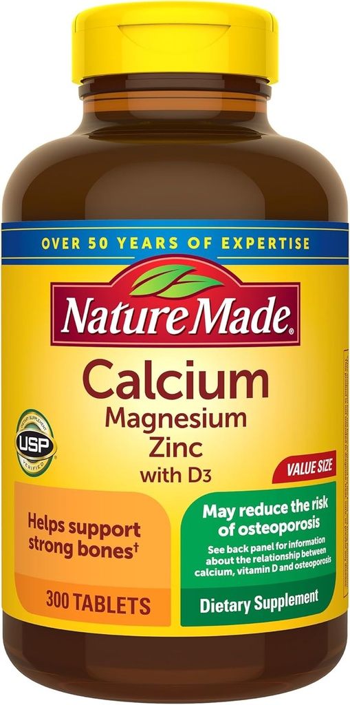 Nature Made Calcium Magnesium Zinc with Vitamin D3, Dietary Supplement for Bone Support, 300 Tablets