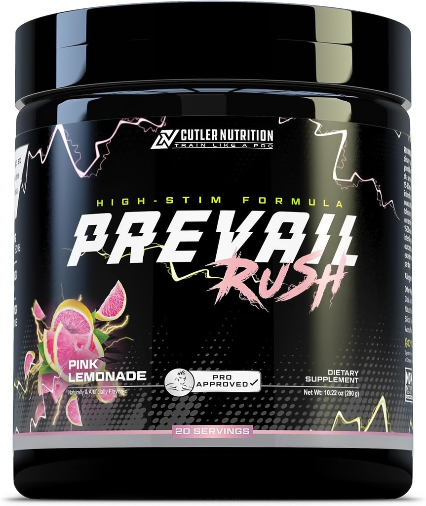 Cutler Nutrition High Stim Pre Workout Powder Prevail Rush Preworkout for Men & Women for Intense Pumps Energy and Focus with Caffeine NO3T Betaine and Dynamine | Pink Lemonade (20 Servings)