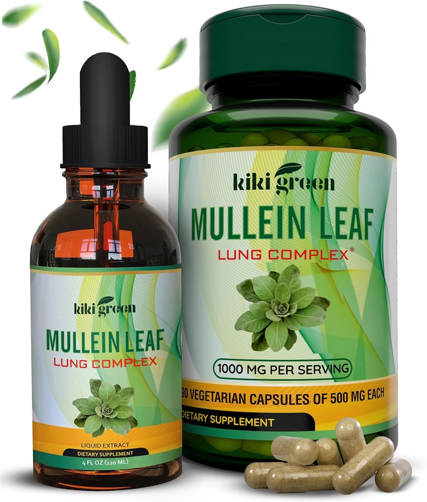 キキグリーンムレインカプセル&液体ドロップバンドル - Mulleinリーフエキスサプリメント、90カプセル+ 2 fl oz - 呼吸&免疫サポート、より良い肺機能、肺クレンジング&リリーフ
