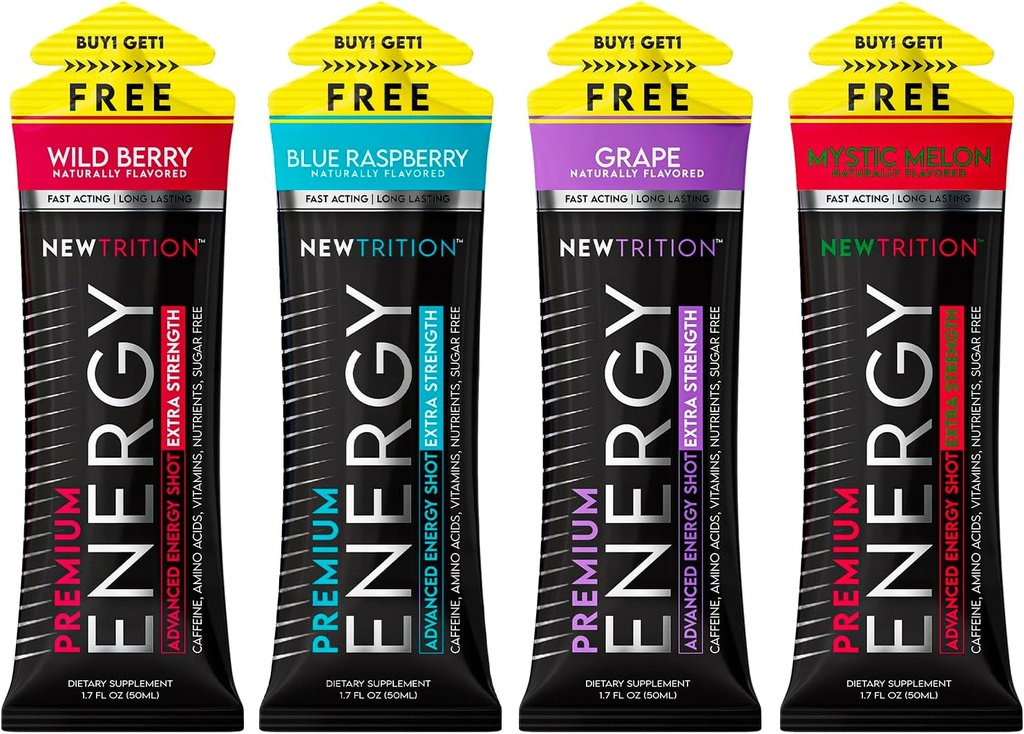 NewTrition® の余分強さエネルギー ショット、ビタミン B 及びアミノ酸、砂糖なしのビタミン エネルギー ショット、ゼロ カロリーの焦点及びスタミナ ブースター、1.7 の fl の oz (パッケージの 4 の 4 つの味-混合される-1)