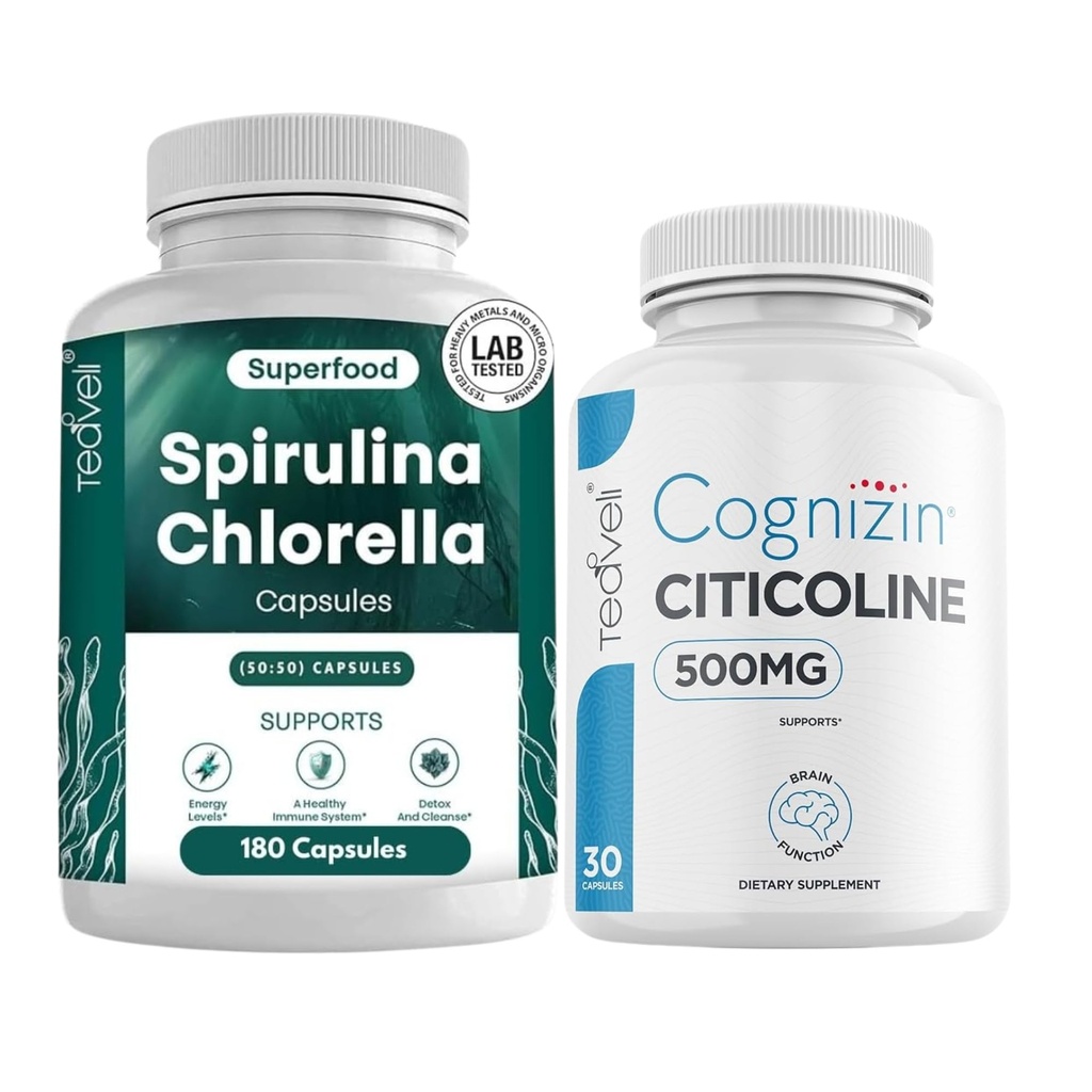 Spirulina chlorella カプセルの束が付いている Teaveli シチコリン