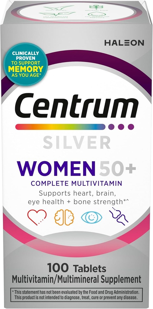 Centrum Silver Women 50 Plus、マルチビタミン/ビタミンD3、ビタミンB、非GMO成分、高齢者の記憶と認知をサポート - 100 Ct
