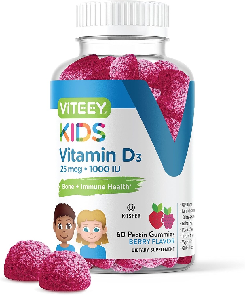ViteeyビタミンD3キッズガミー25mcg 1000 IU - 骨の健康、免疫の健康、共同筋肉サポート - ベジタリアン、ゼラチン無料、グルテンフリー、GMO無料 - おいしいChewableベリー風味