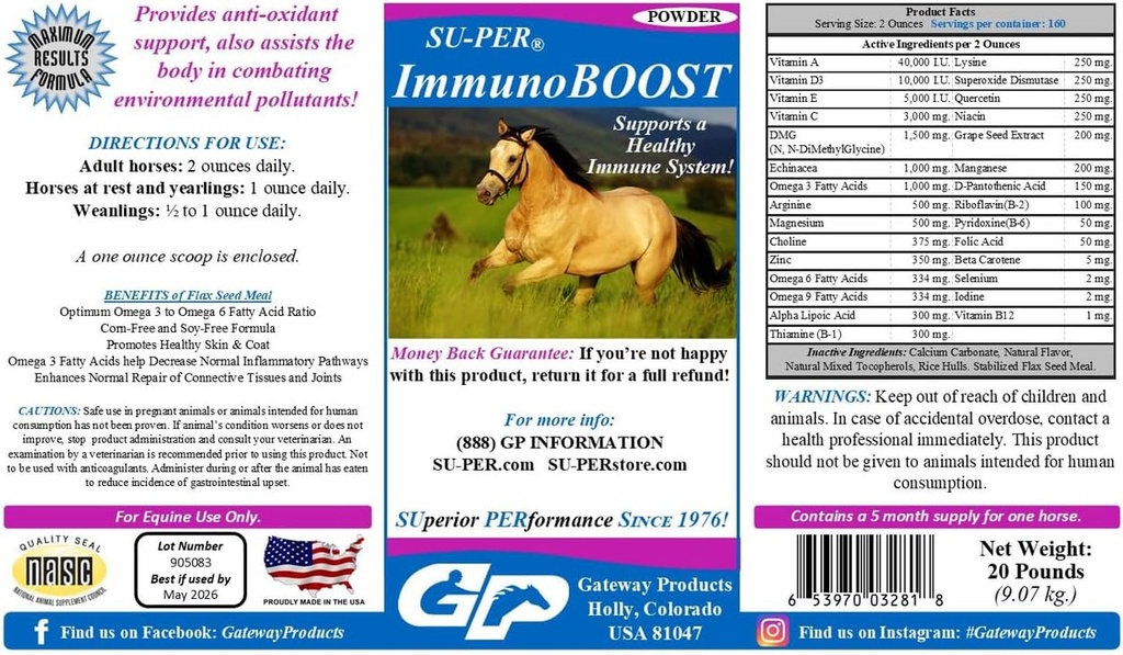 SU-PERのImmoBOOSTの馬の酸化防止補足-サポート免疫システム及び栄養の不足分-ビタミンE及びCのブドウの種のエキス、草のエキス- 20ポンド、5か月の供給