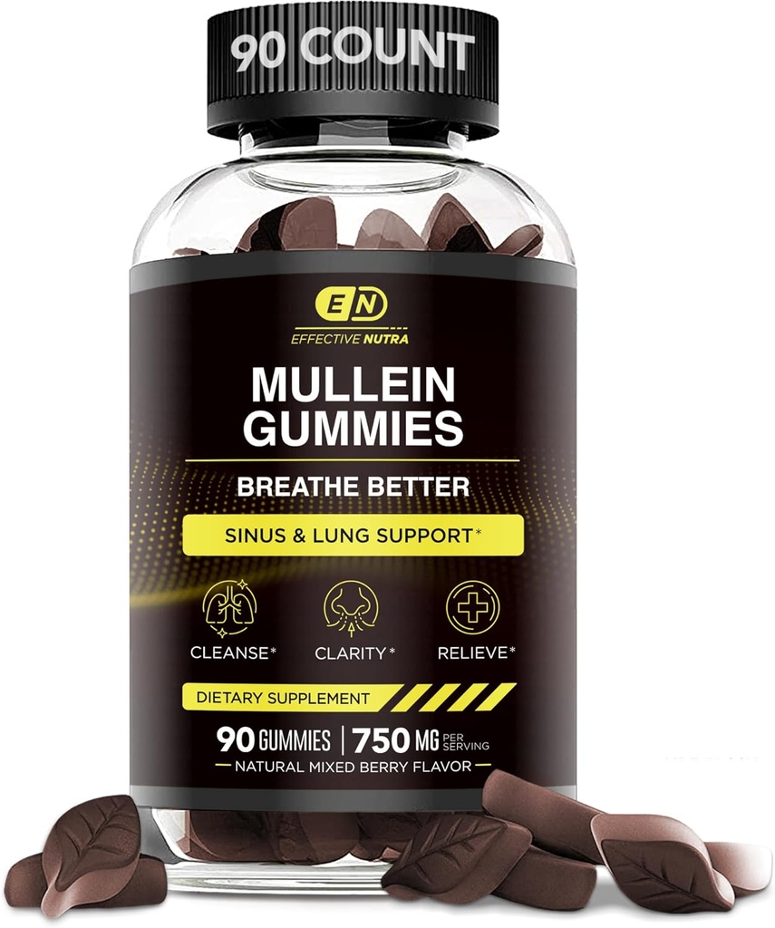 EFFECTIVE NUTRA 9in1 Mullein Gummies | LungとSinusは、クレンジング、クラリティ、リリーフのサポート | ビーガン、グルテンフリー、非GMOサプリメント | ナチュラルベリー風味、45日の供給、米国製(90ct)