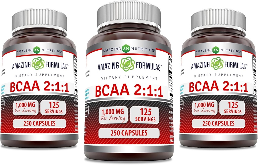 アメイジングフォーミュラ BCAA 2:1 1000 Mg/サービング | カプセル | 分岐チェーンアミノ酸サプリメント | 非GMO | グルテンフリー | アメリカ製 (3パック, 250カウント)