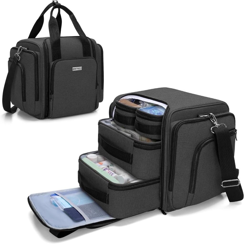 BAFASO 4つの内部取り外し可能な袋が付いている大きい丸薬のびんのオルガナイザー、薬袋は肩の革紐(BAGだけ)、黒いと来ます