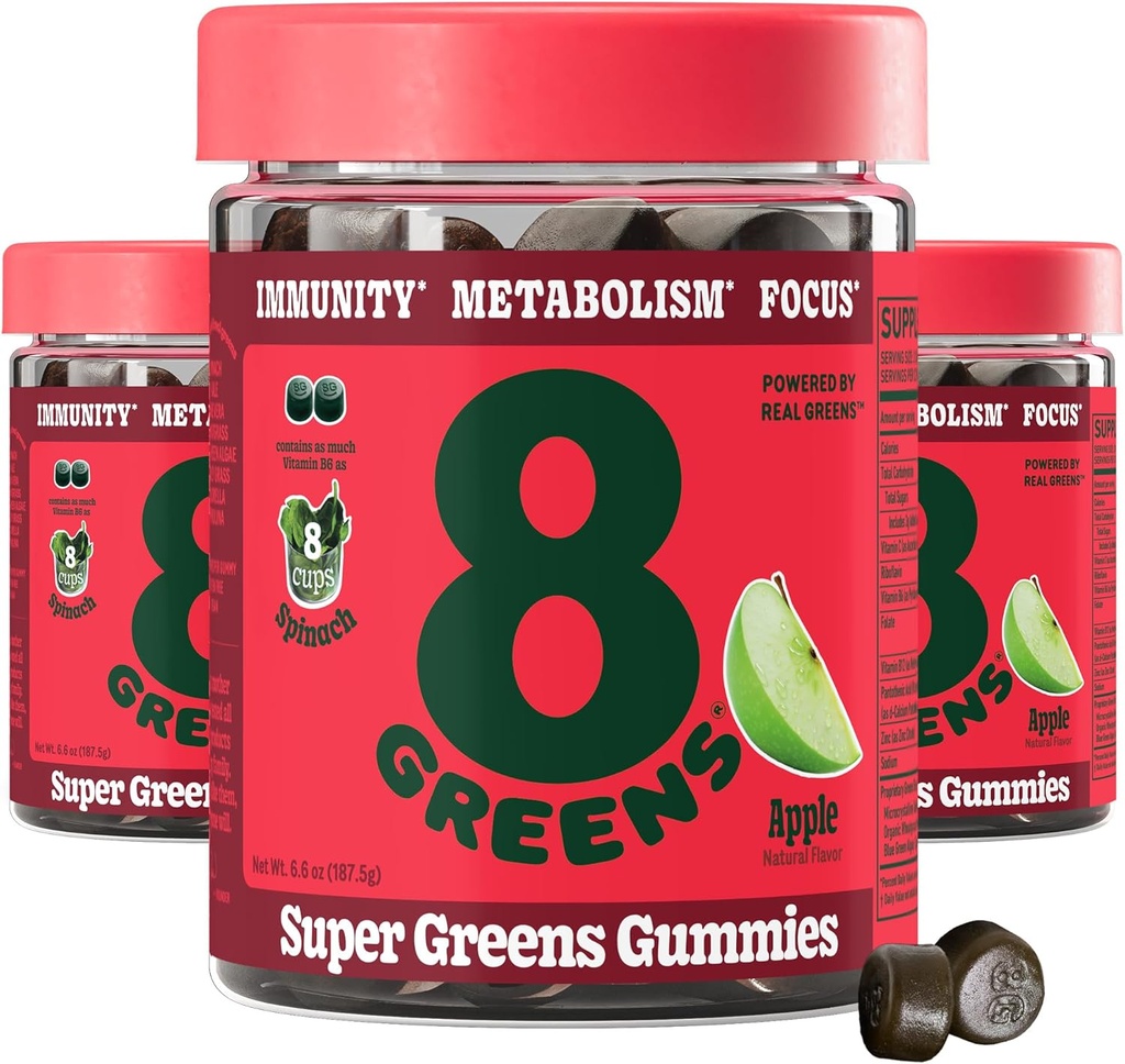 8Greens Supergreens Gummies | メタボリズム、免疫&フォーカス、消化の健康酵素、有機: クロレラ、スピルリナ、アロエベラ、アップル味、150カウント