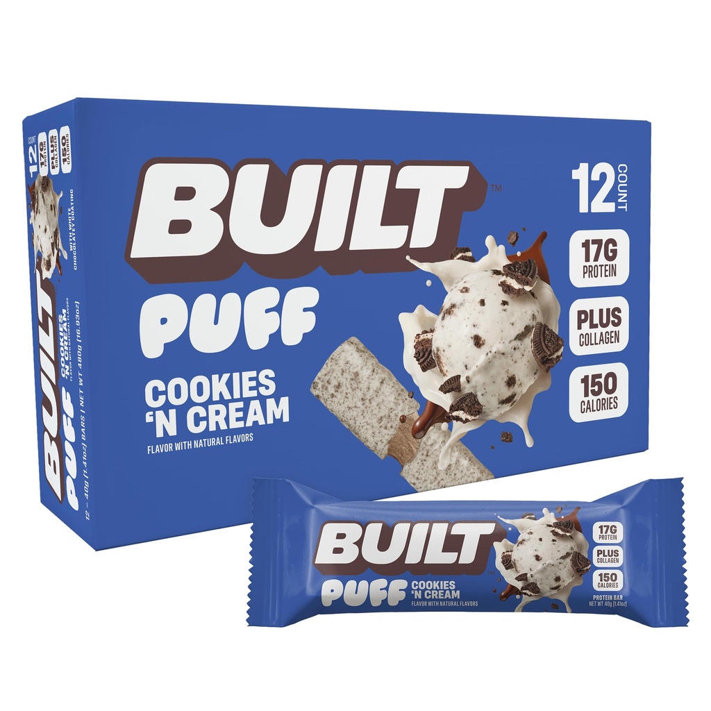 ビルバー、パフプロテインバー、クッキー「Nクリームパフ、17gプロテインスナック、オンザゴーバー、わずか140カロリー、7g砂糖、コラージュ、グルテンフリーではない、12カウント
