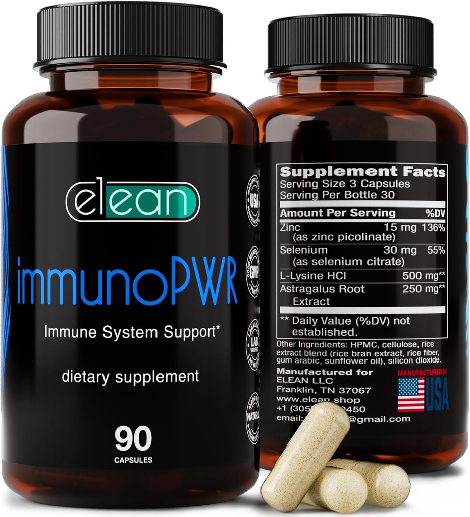 ELEAN Immuno PWR-は、亜鉛、セレン、アミノ酸リジン、コラーゲンシンチシス、甲状腺の健康、ミネラルサポート、エネルギーおよび免疫の健康90のベジーカプセルのためのアストラガルスルートエキスで濃縮しました。