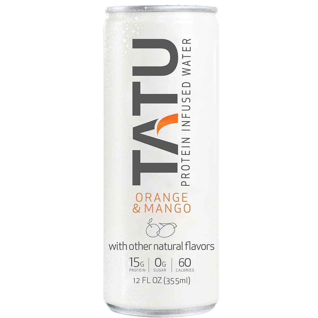TATU Ready-To-Drink Protein Infused Water Orange Mango 4 Pack. 15 gのホエイプロテイン隔離, 0 砂糖のグラム, 60 カロリー. レモンジンジャーとオレンジマンゴー。 グルテンフリー、乳糖フリー。