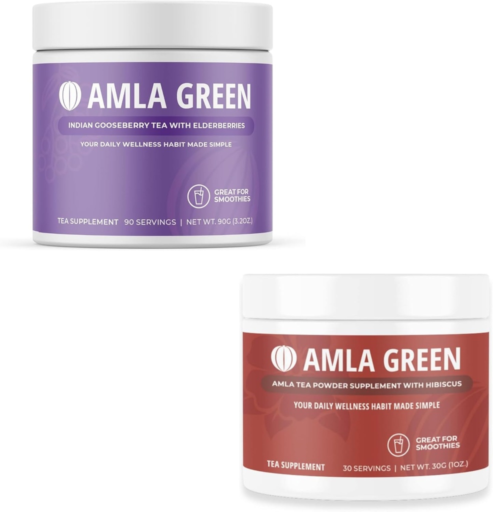 Amlaパウダー&グリーンティースーパーフードサプリメント, 抗酸化サポート, エルダーベリーで製造 (90 サービング) & ハイビスカス (30 サービング), オーガニック, ビーガン