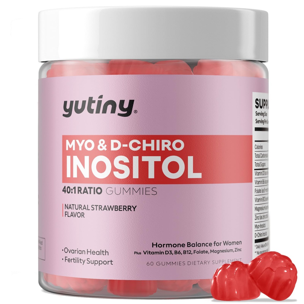 Myo-Inositol & D-Chiro Inositol Gummies, ビタミンB6 B12 & 女性用 Folate, ビーガン, 砂糖フリー, イチゴ味, 60 カウント