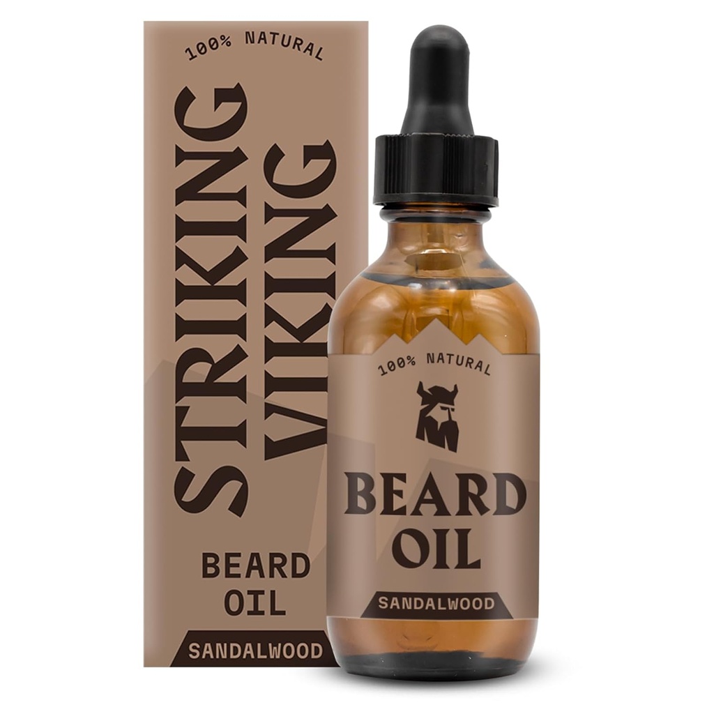 男性のためのStriking Viking Sandalwood Beardオイル - 2 Fl Oz、Sandalwood Scent - Argan、Jojoba、アーモンド&ティーツリーと自然水和&軟化ベアードケア - 非Greasy、高速吸収フォーミュラ