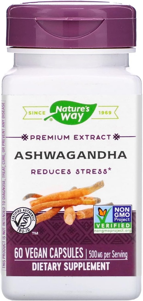 Nature's Way Ashwagandha, ストレスを軽減*, プレミアムエキス, 適応性*, 非GMOプロジェクト検証, ビーガン, 60 カプセル