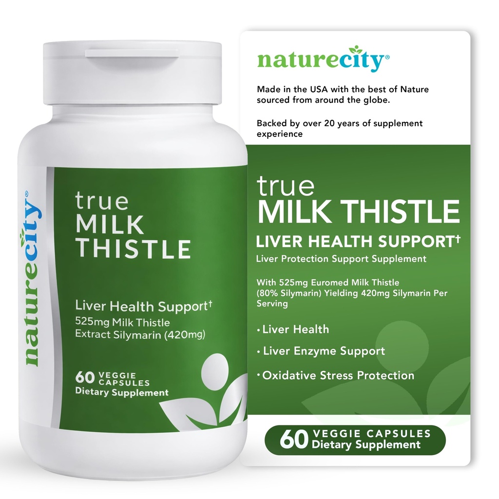 NatureCity TrueMilkThistle | ミルクアザミサプリメント 525mg | ミルクアザミ(80% silymarin) | 抗酸化対応 | 肝臓サポートサプリメント | 60 Veggie Capsule