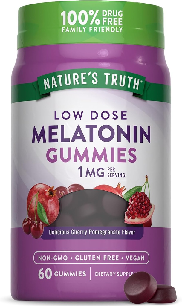 Nature's Truth Melatonin Gummies | 1mg | 60カウント | チェリーポムグラnate Flavor | ヴィーガン、非GMO&グルテンフリーサプリメント