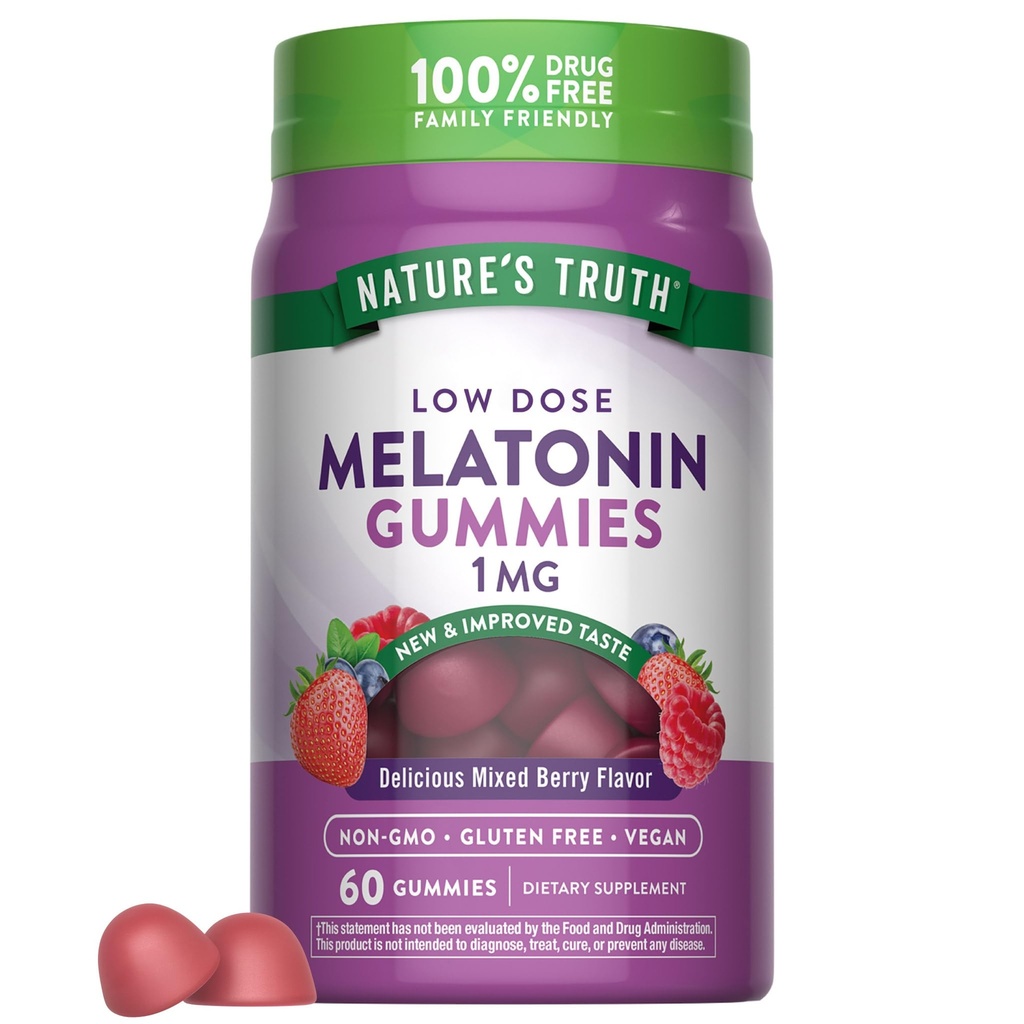 Nature's Truth Melatonin Gummies | 1mg | 60カウント | チェリーポムグラnate Flavor | ヴィーガン、非GMO&グルテンフリーサプリメント