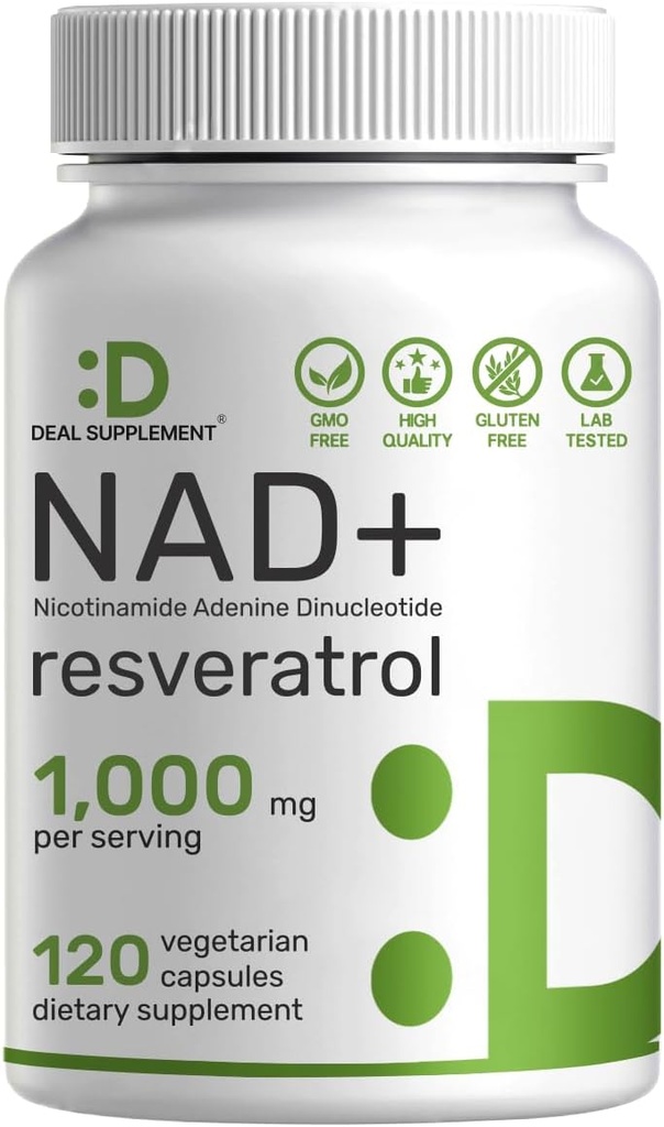NAD+ レスベラトロールサプリメント 1,000mg / サービング、120 野菜カプセル | 2-in-1 余分な強度 NMN サプリメントの代替品 | 女性と男性のための NAD | エネルギーを促進します, アンチエイジング & 細胞再生 – 非GMO