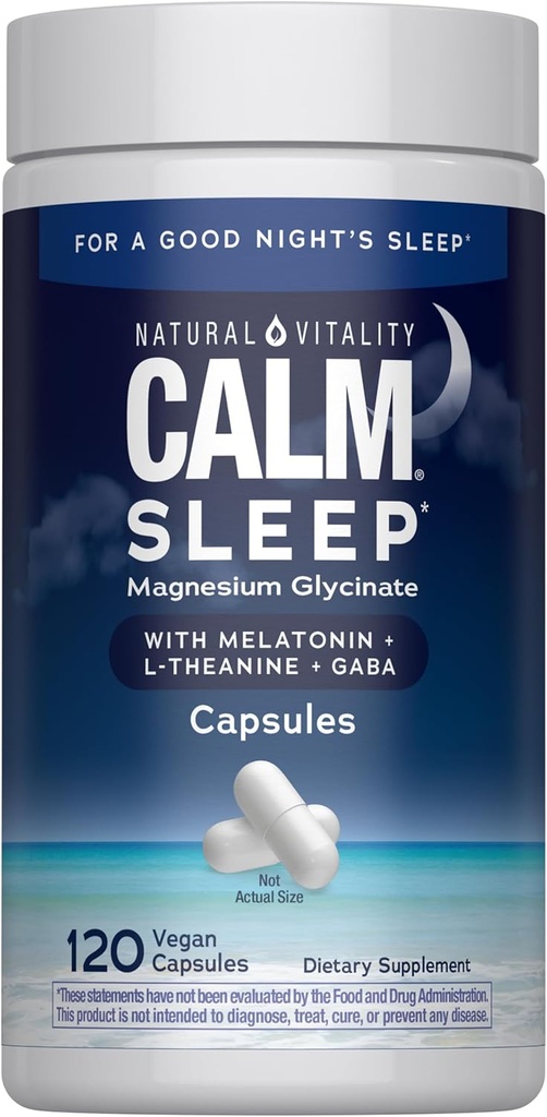Natural Vitality Calm Sleep Magnesium Supplement, Melatonin & Magnesium Citrate, Sleep Aid Capsules, Gluten Free, Vegan, Non-GMO, Helps The Body Ease Into Sleep, 120 Capsules