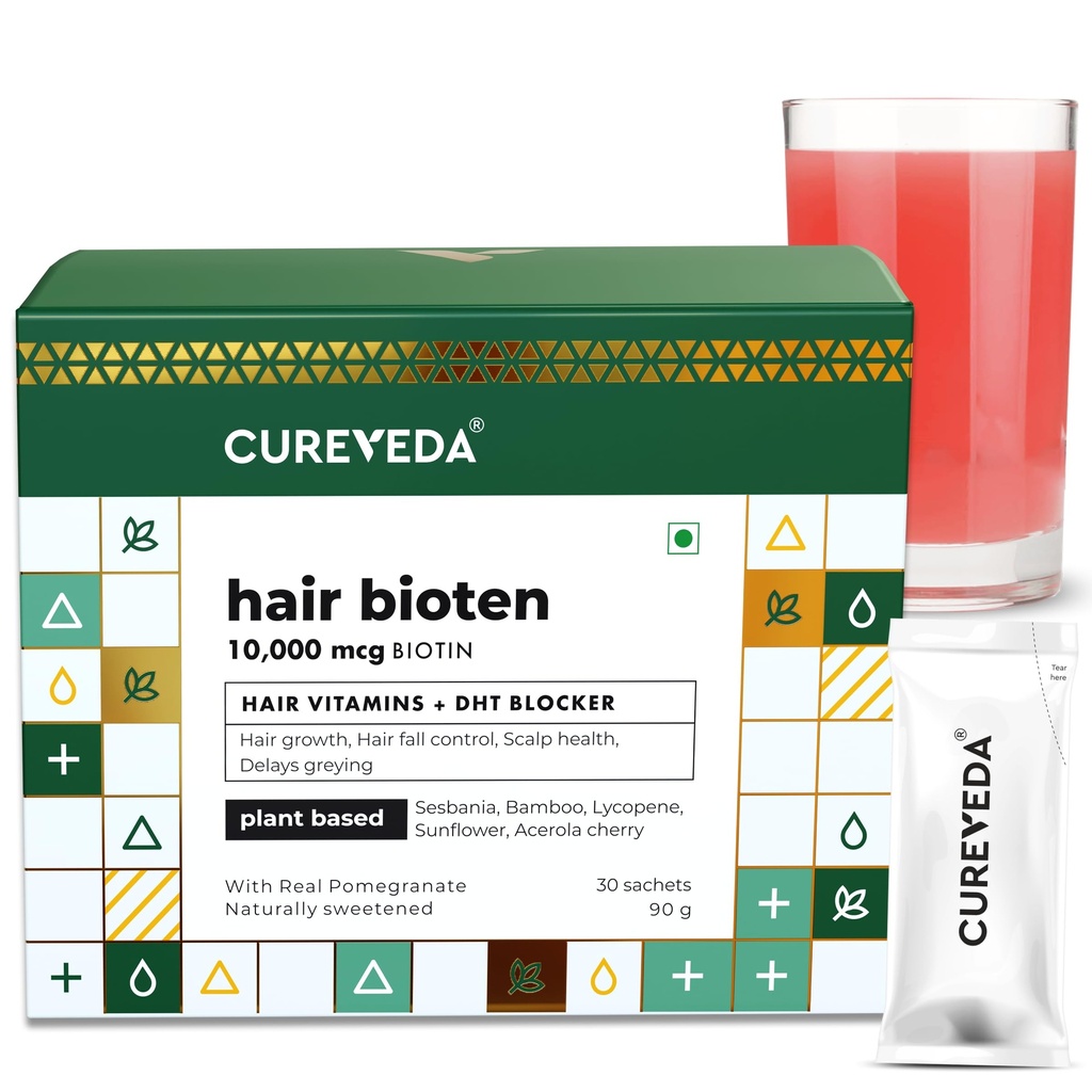 Cureveda Curvedaは、植物ベースのバイオチンを育てます 10000 男女兼用Mcgパウダーサプリメント, 利点 健康な頭皮と髪の成長, 砂糖なし, 自然なザクロ風味 150 g (パック 1) 成長-1