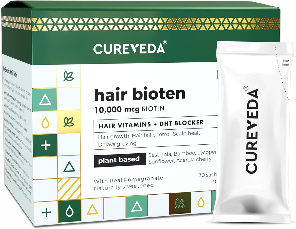 Cureveda Curvedaは、植物ベースのバイオチンを育てます 10000 男女兼用Mcgパウダーサプリメント, 利点 健康な頭皮と髪の成長, 砂糖なし, 自然なザクロ風味 150 g (パック 1) 成長-1