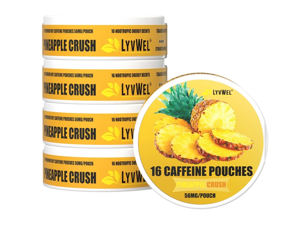 LyvWel 56mgカフェインエネルギーポーチ - パイナップル - グアラナとクリーンエネルギー&フォーカスブースト - 缶あたり16袋付き5パック(80合計ポーチ)
