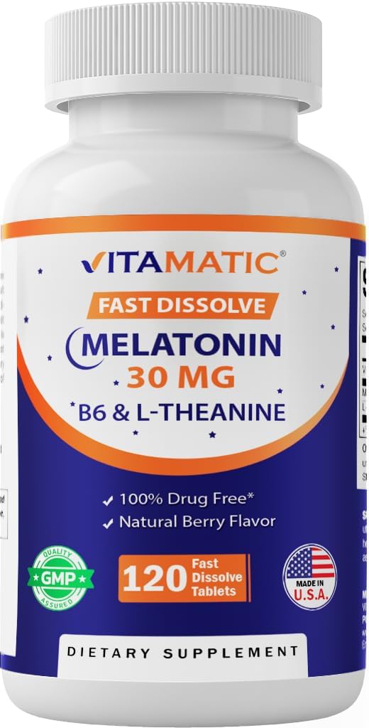 Vitamatic Melatonin 30のmg - B6及びL-Theanine -自然な果実味(2のタブレットの線量=Melatonin 60のmg)が付いている120の速い分解のタブレット(1のパック)