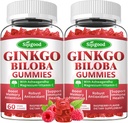 2 Pack Ginkgo Biloba Gummies with Panax Ginseng and Magnesium, Ginkgo Biloba Supplements for Focus, Memory, and Brain Health for Adults & Kids, Vegan Raspberry Flavor Gummies, 120 Count