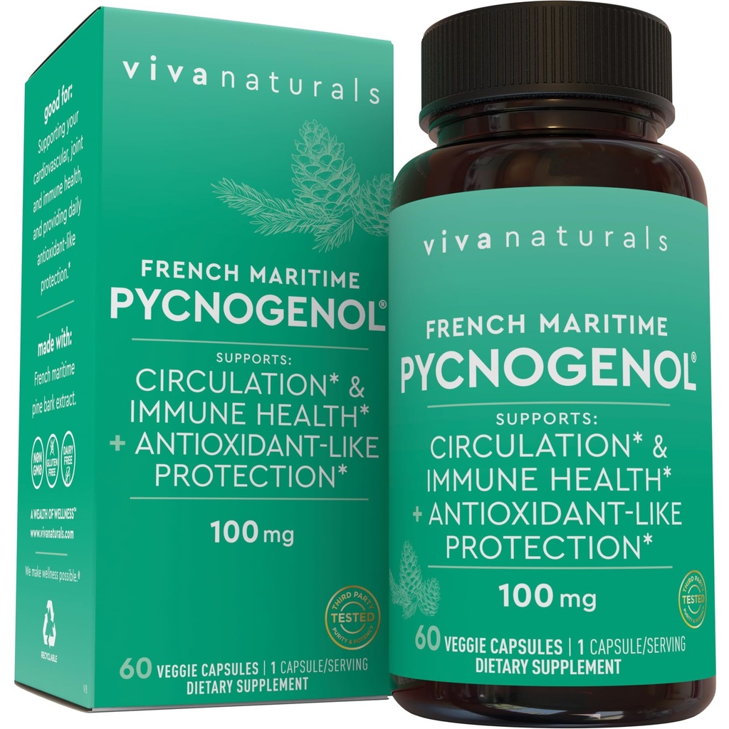 Viva Naturals Pycnogenol - 100mgフランスのマリタイムパインバークエキス - 循環、抗酸化反応、関節と免疫の健康と機能をサポート - 60ベジギーカプセル