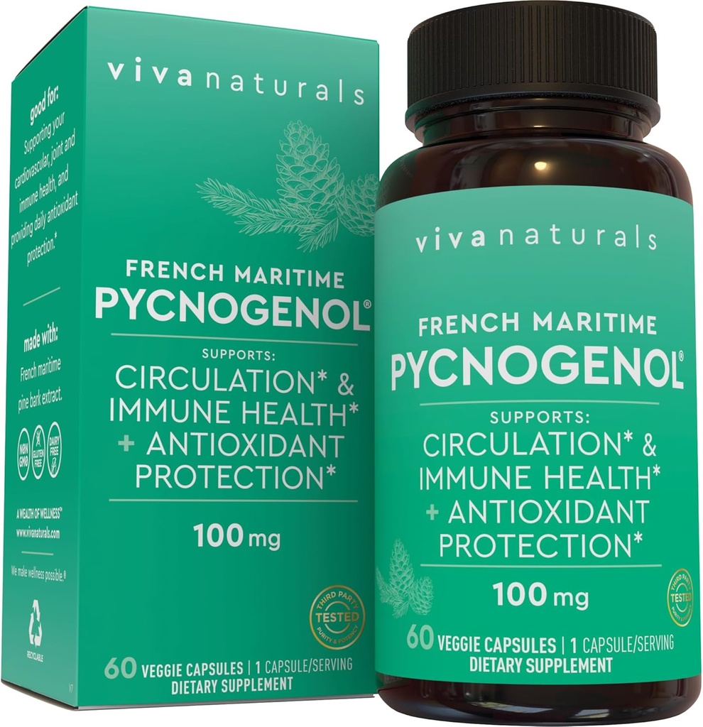 Viva Naturals Pycnogenol - 100mgフランスのマリタイムパインバークエキス - 循環、抗酸化反応、関節と免疫の健康と機能をサポート - 60ベジギーカプセル