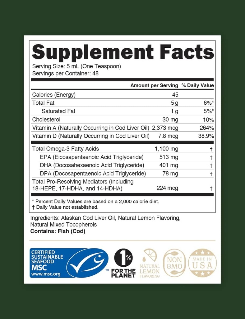 STEWARD - ワイルドキャッチアラスカ液タラ肝油 8 oz. | オメガ3のEPA、DHA、DPA、SPM + 天然ビタミンA&D