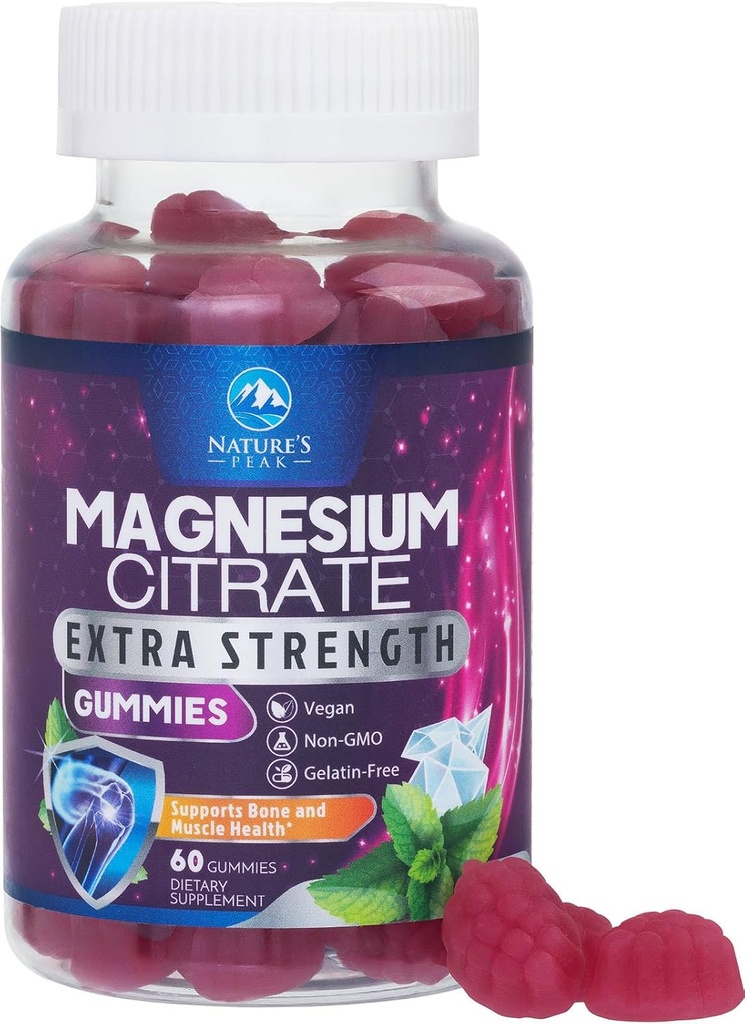 Magnesium Citrate Supplement Gummies - High Absorption Magnesium Gummy for Adults & Kids, Magnesio Citrate Supplements for Bone, Muscle Health, Heart Support, Vegan, Gluten Free, Non-GMO - 60 Gummies
