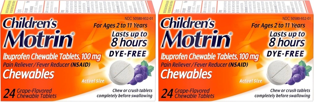 Motrinの子供の痛み及び熱愛のための染料なしのIbuprofenのChewableタブレット、ブドウ、24の計算(パッケージ2)