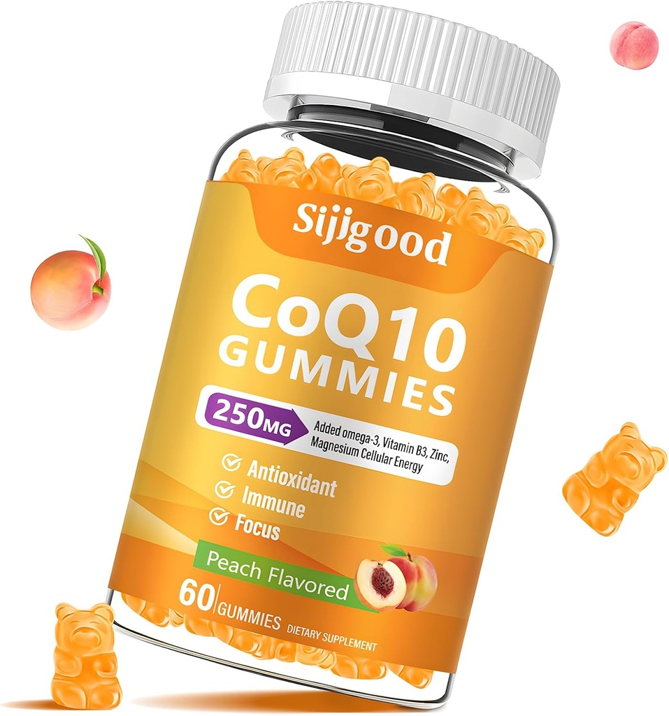 砂糖の自由なCoQ10のグミー、Omega-3、ビタミンB3および亜鉛、マグネシウム、5Xの高吸収の補酵素Q10の補足、q10ブーストの細胞エネルギー、強力な酸化防止及び頭脳、ピーチの味、60のCts