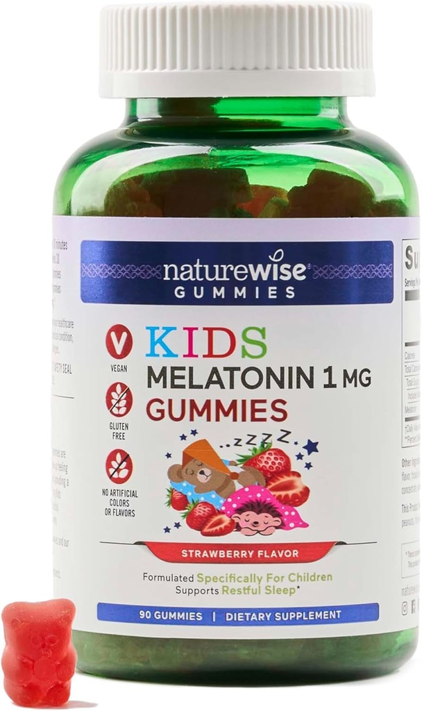 Naturewise Kids Melatonin Gummies 1mg - 薬物なし, 子供のための睡眠補助金を形成する非習慣 4 & アップ - イチゴ風味のガミーベア - ビーガン, グルテンフリー, GMOなし - 90 カウント[3ヶ月の供給]