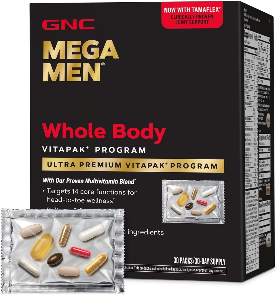 Mega Men Whole Body Ultra Premium Vitapak Program, GNC’s Best Nutrition Pack for Male Wellness, Convenient, 8 Products in 1 Packet, Memory, With Clinically Proven Ingredients, Joint Support, 30 svgs