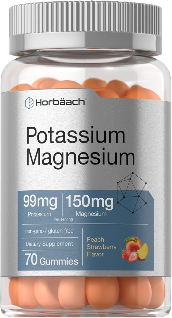 Horbäach Potassium Magnesium Supplement Gummies | Peach Strawberry Flavor | 70 Count | Vegan, Non-GMO, and Gluten Free Formula
