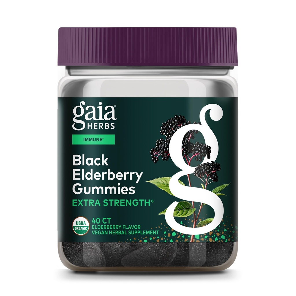 Gaiaハーブブラックエルダーベリー(Sambucus Nigra)エクストラ強度グミ - おいしい免疫サポートサプリメント - 免疫システムサポートのための認定有機ブラックエルダーベリーで作られた - 40グミ