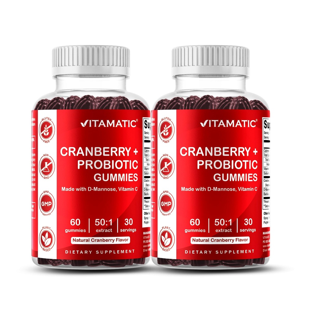 Vitamatic 2パックビーガンクランベリーグミーとD-Mannose、プロバイオティック&ビタミンC女性の尿路の健康 - 25000mg当たりの食通(50:1エキス500mgから) - 60カウント