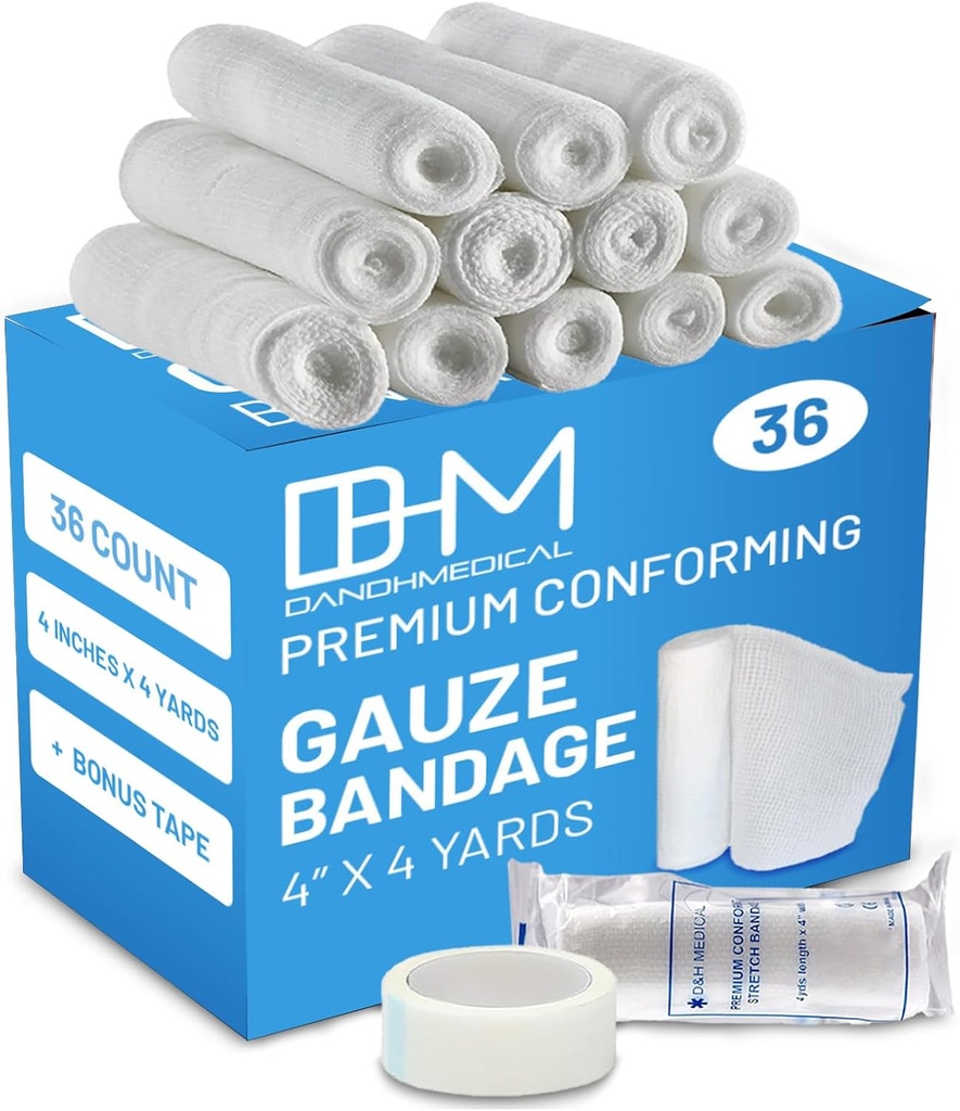 D&H Medical Pack of 36 Gauze Bandage Roll 4 Inches x 4.1 Yards with Tape - Medical Gauze Wrap for Wounds Care - Easy to Use Cotton Rolls for Hand Wrap Dressing Ankles & Knees