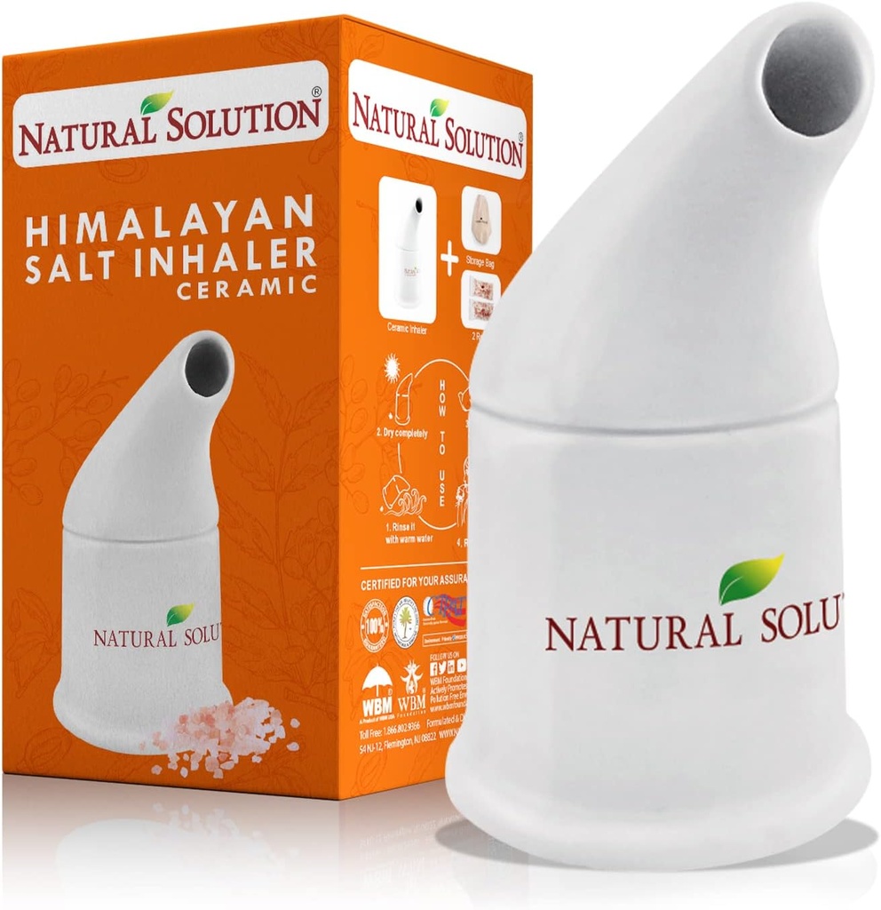 NATURAL SOLUTION Ceramic Salt Inhaler with 2 Himalayan Pink Salt Refills, Cleans The Respiratory System, Relief Breathing Congestion, Inhaler for Asthma White 1 Count
