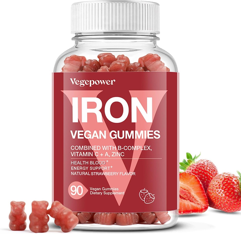 Iron Gummies Supplements for Women & Kids - Multivitamin with Vitamin C for Energy Support, Great Tasting Iron Gummy Vitamins with Vitamin C for Max Absorption - Vegan, Strawberry 90 Count